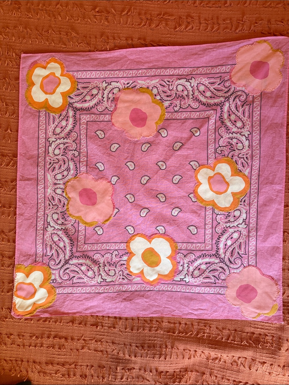 Appliqué Vintage Sheet Cotton Pink Floral Bandana Scarf - Picture 4 of 6